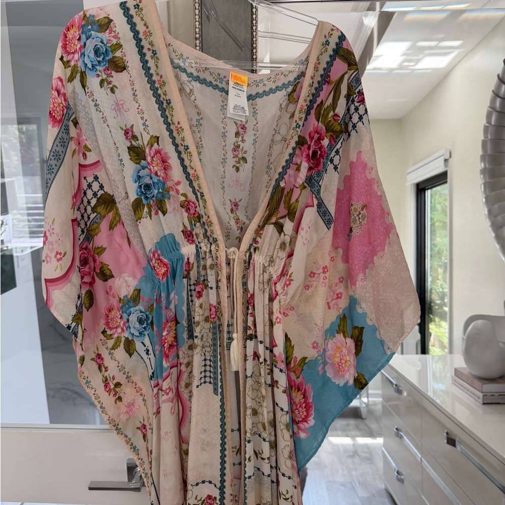 Agua Bendita Floral Tie-Front Kaftan in Pink, Blue, Cream - Picture 2 of 6